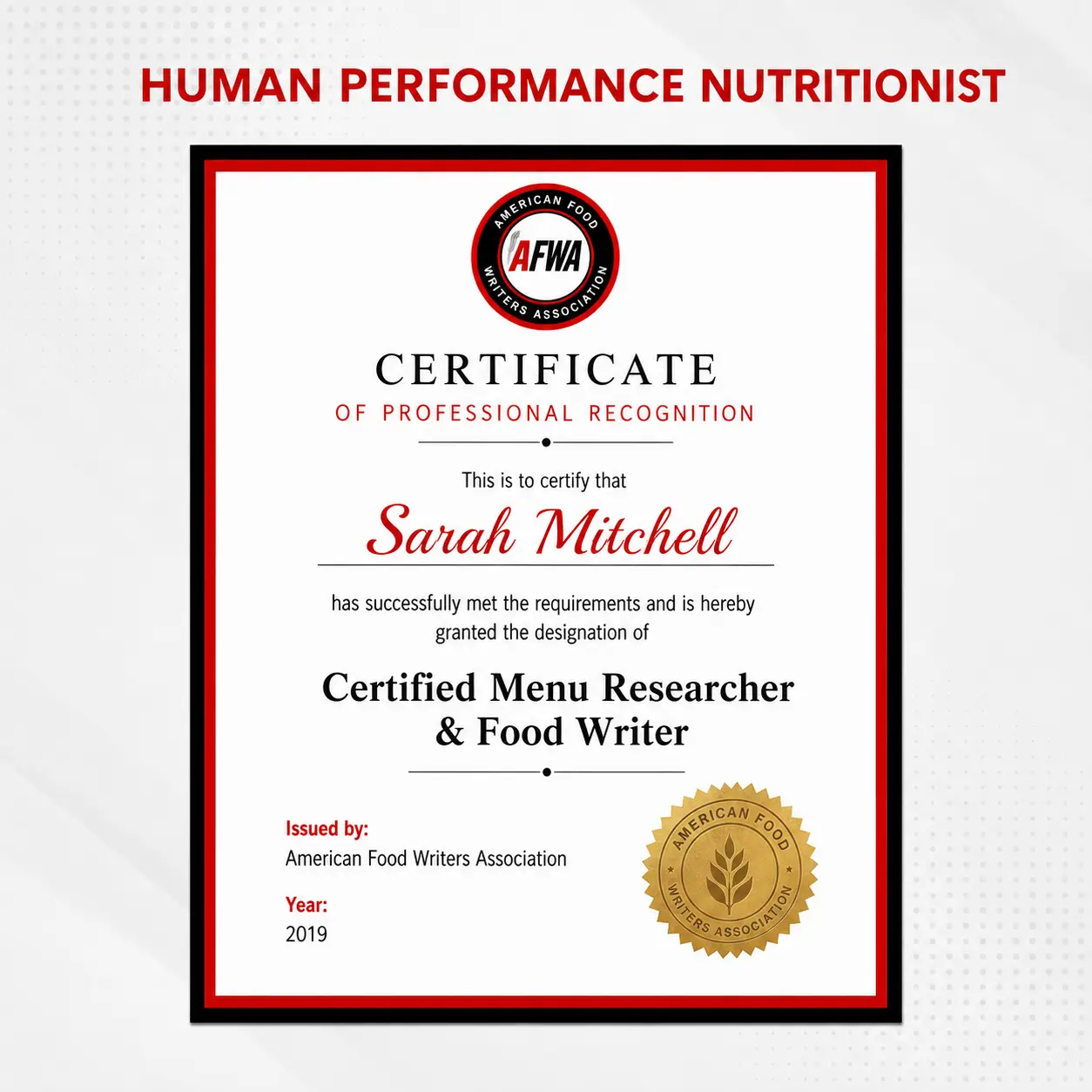 Sarah Mitchell Certified Menu Researcher certificate American Food Writers Association