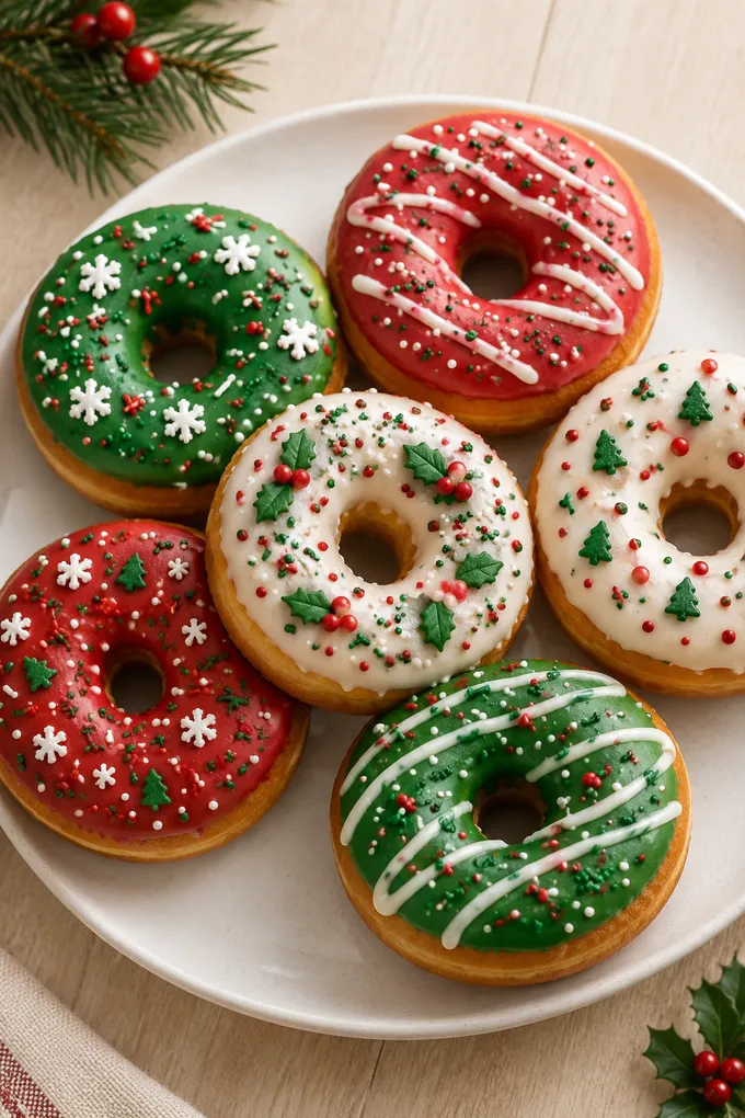 krispy kreme christmas donuts assortment with red and green icing